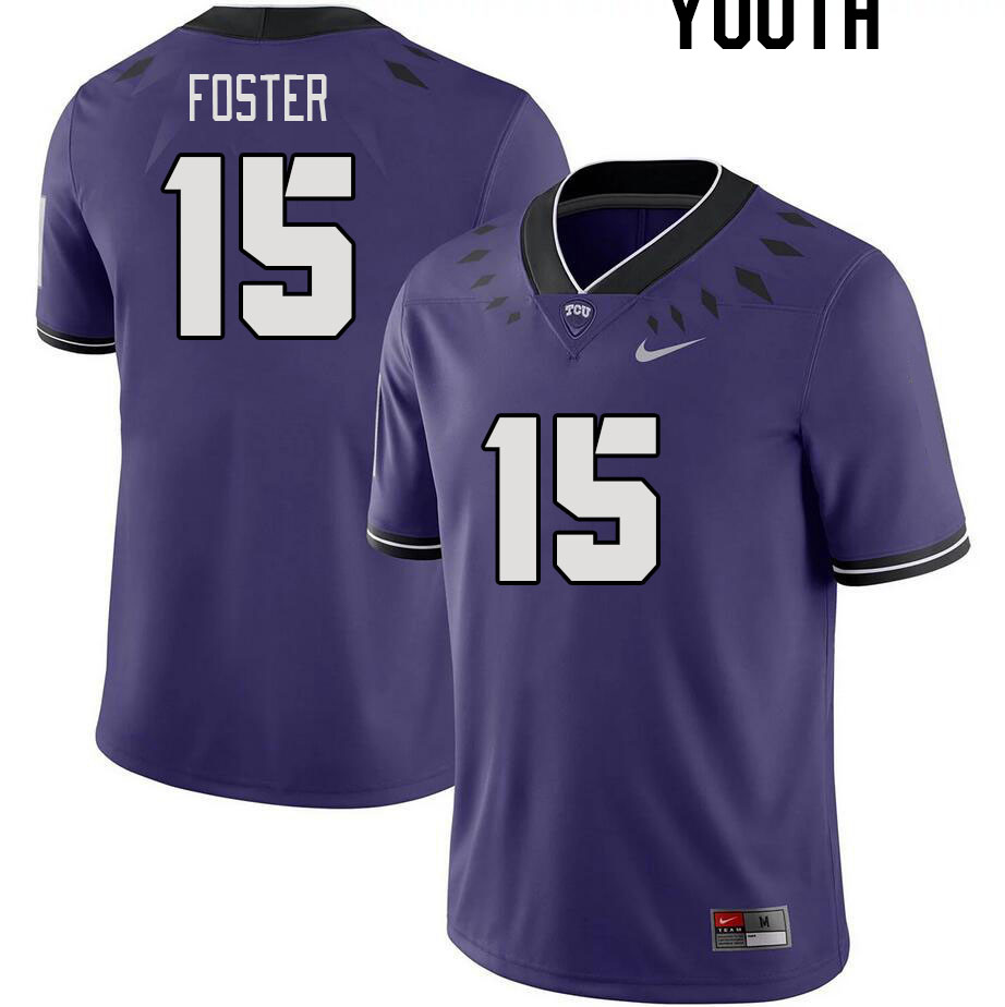 Youth #15 Josh Foster TCU Horned Frogs 2023 College Footbal Jerseys Stitched-Purple - Click Image to Close